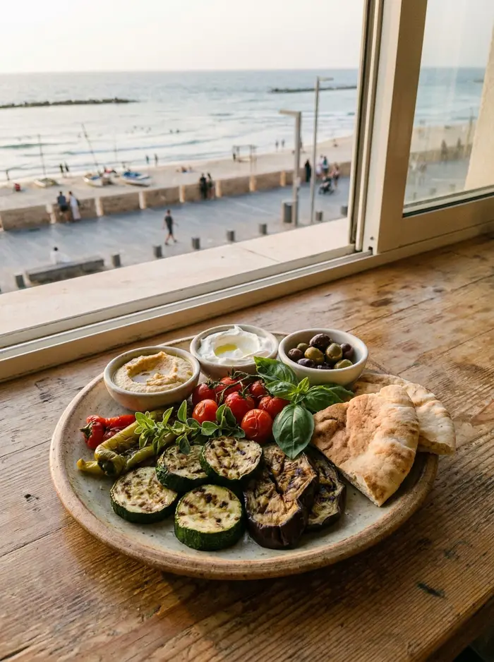 A plate of Mediterranean food by a window