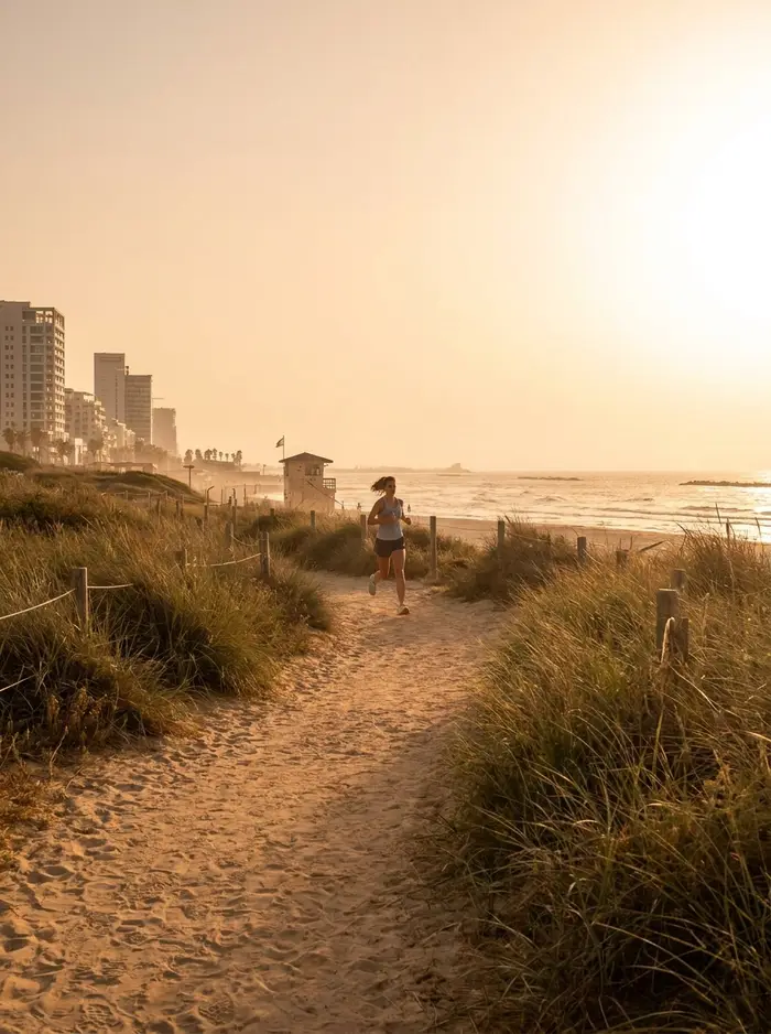 A runner on a path through coastal dunes